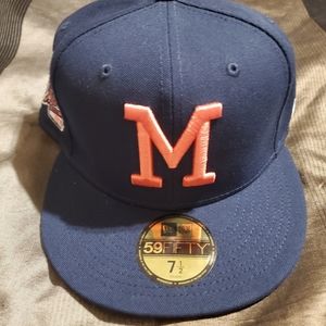 MILWAUKEE BRAVES NEW ERA 59FIFTY HAT 7 1/2 NAVY W LAVA UV 1957 WS SIDE PATCH